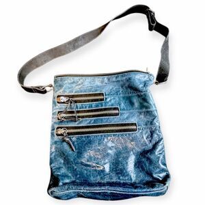 TANO Women’s Teal Blue Leather Multi Zipper Crossbody Shoulder Bag